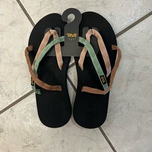 Teva Black Sandals with Brown, Pink, and Green Straps